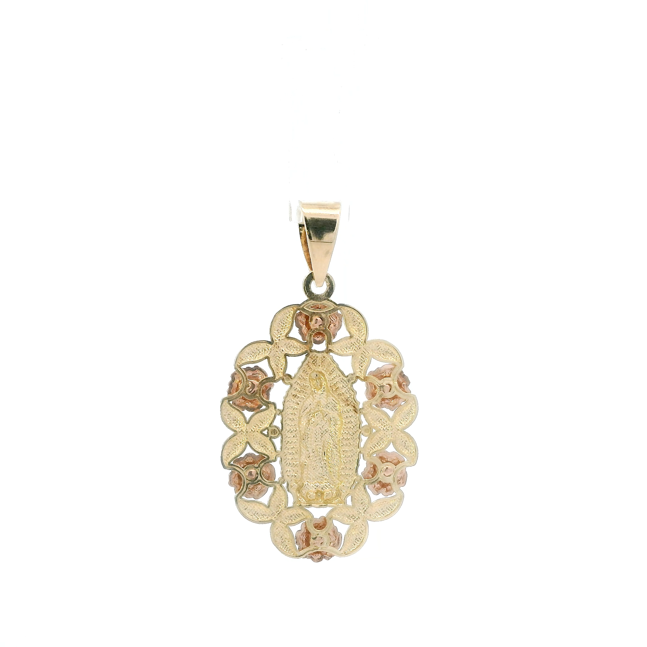 14K Yellow & Rose Gold Floral Wreath Virgin Mary Pendant
