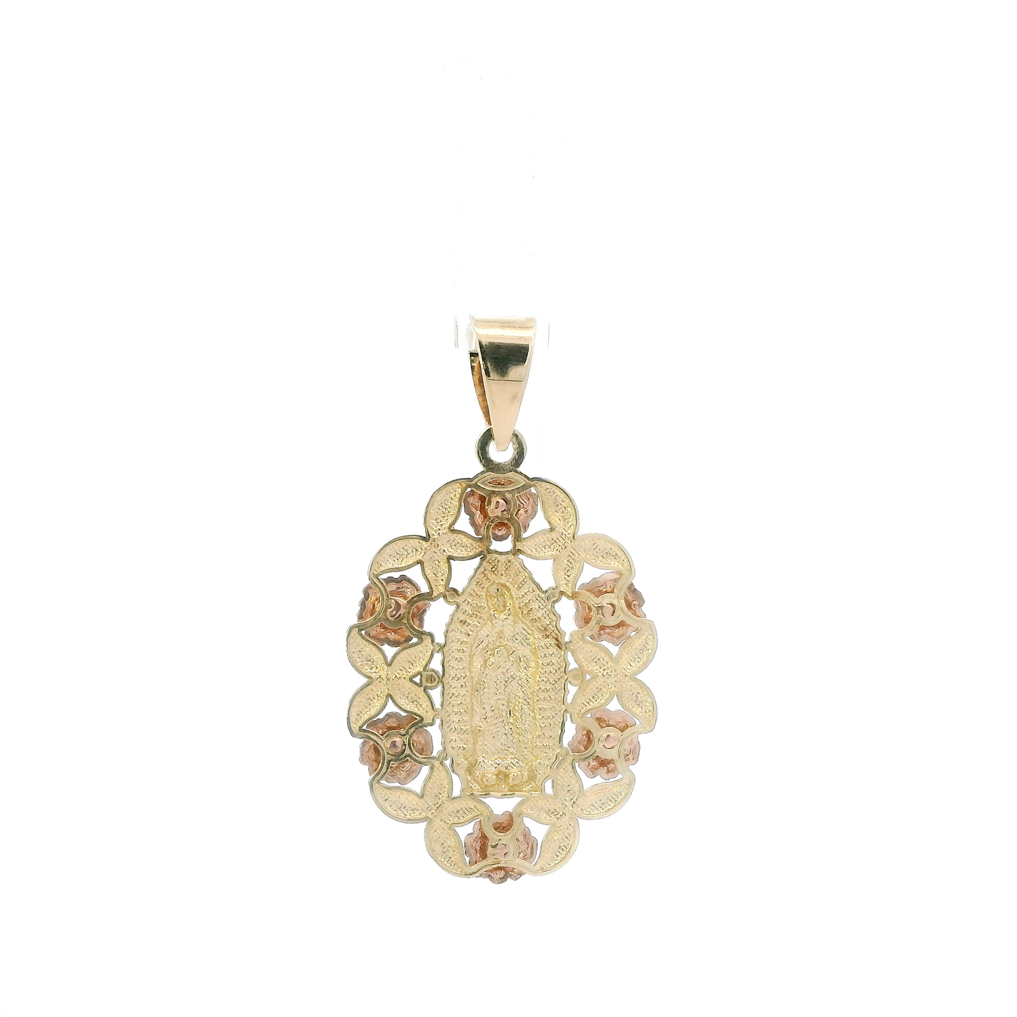 14K Yellow & Rose Gold Floral Wreath Virgin Mary Pendant