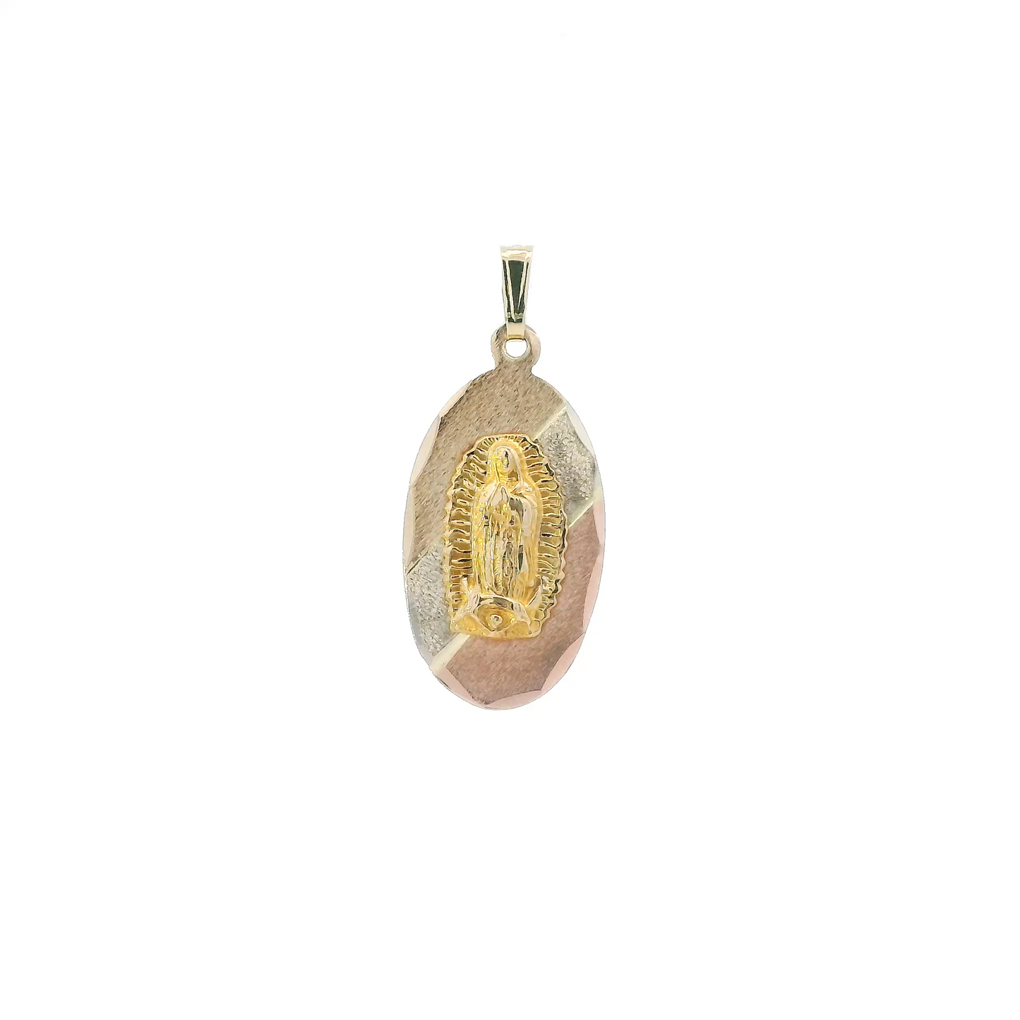 14K Tri Color Gold Oval Virgin Mary Pendant