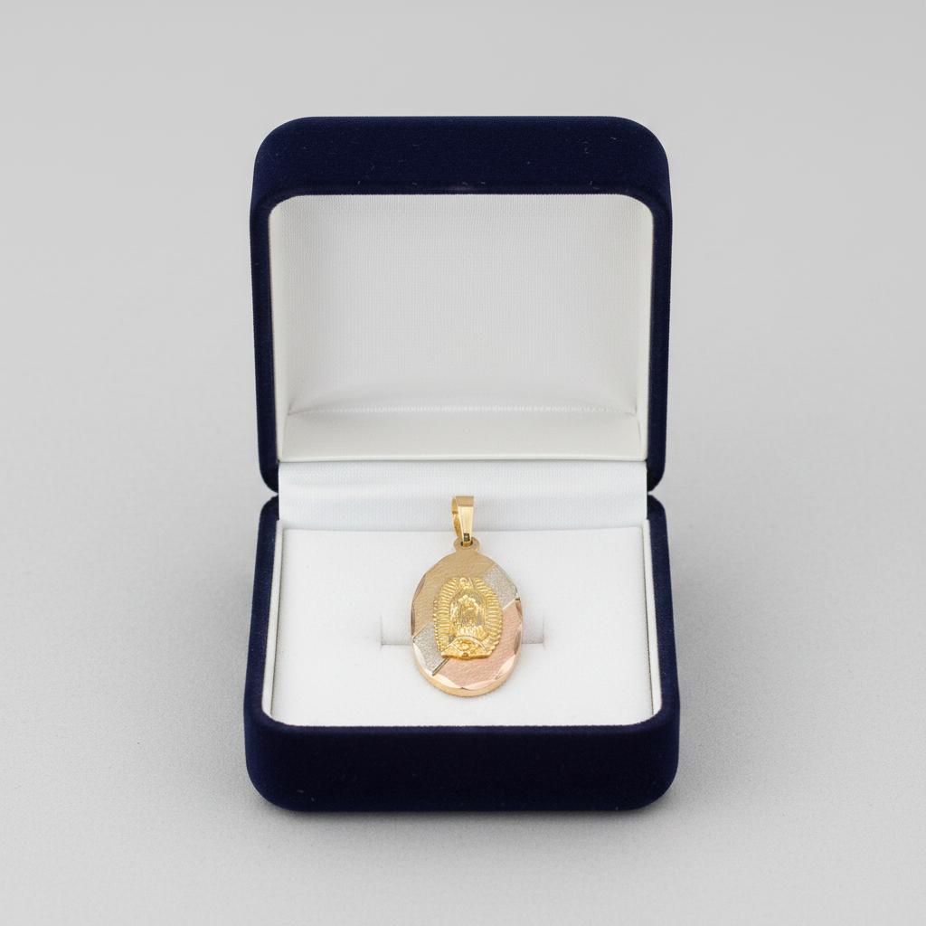 14K Tri Color Gold Oval Virgin Mary Pendant