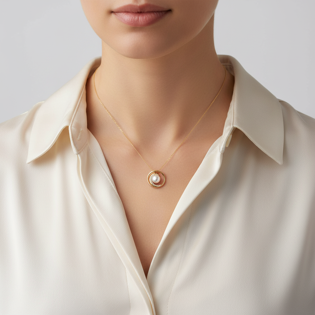 14K Yellow Gold Diamond & Pearl Circle Pendant - 0.07ct