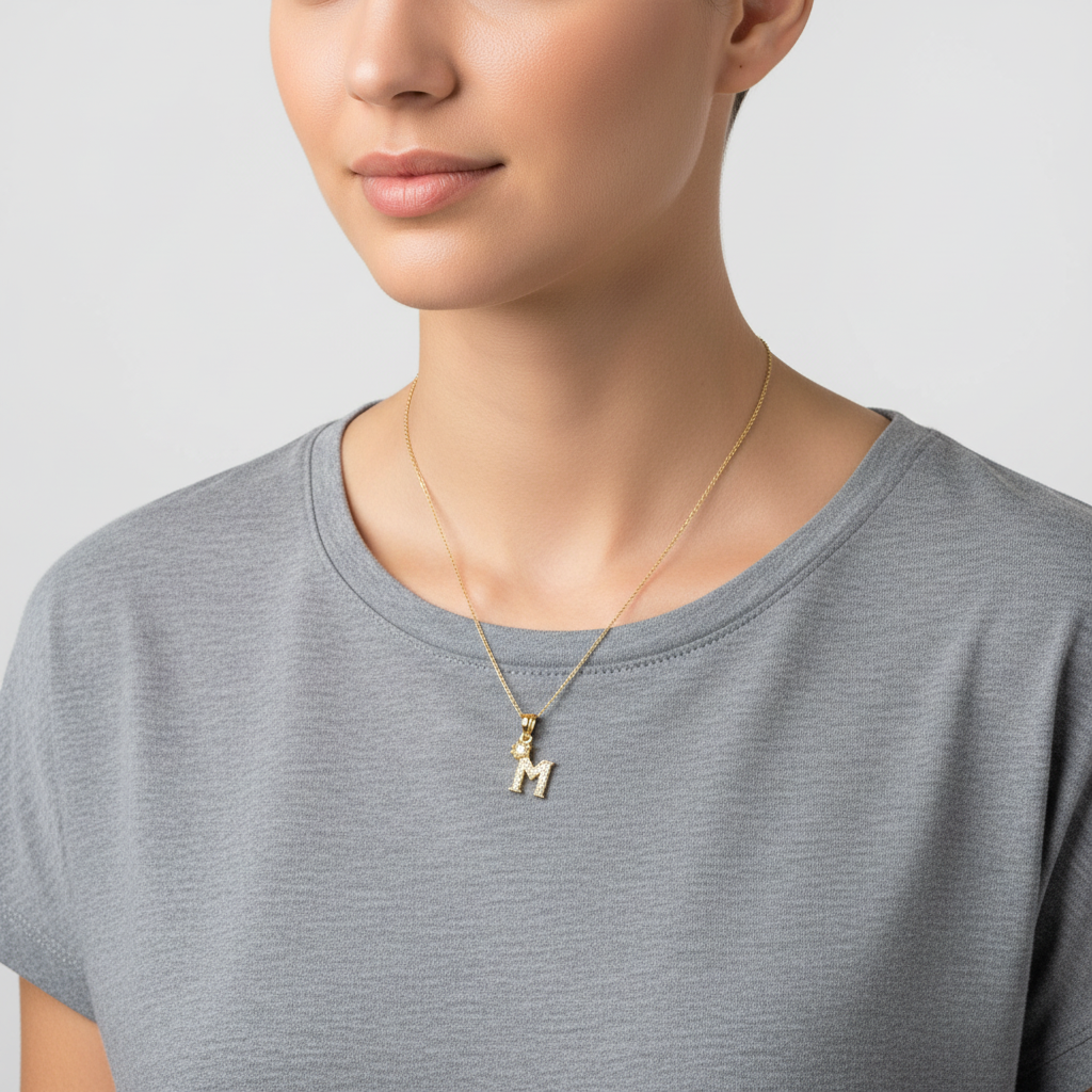 14K Yellow Gold Cz Letter "M" Crown Pendant