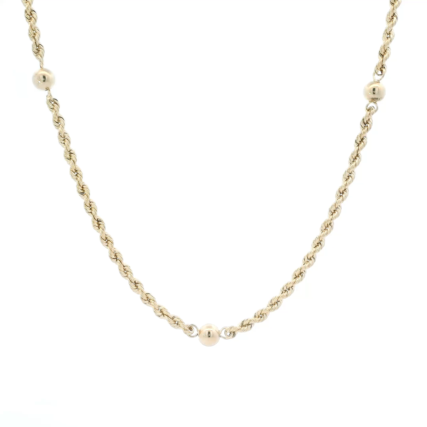 14K Yellow Gold 17" Hollow Rope Chain With 7 Beads