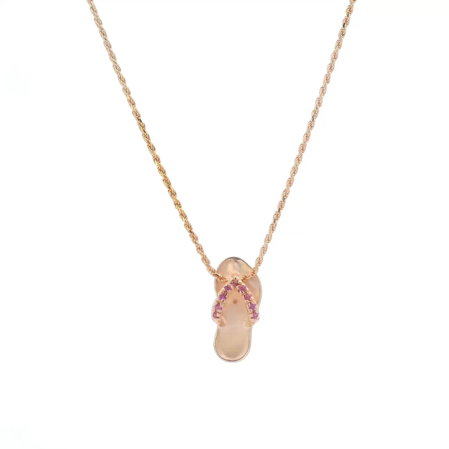 14K Rose Gold 16" Rope Chain & Ruby Sandal Pendant