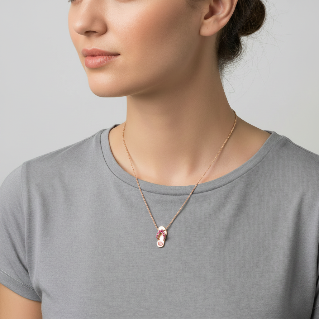 14K Rose Gold 16" Rope Chain & Ruby Sandal Pendant