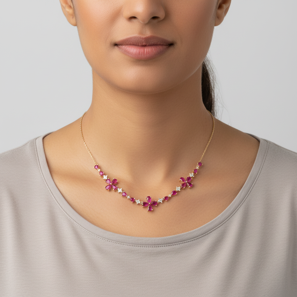 14K Yellow Gold 17-19" Ruby & Diamond Necklace - 0.10ct
