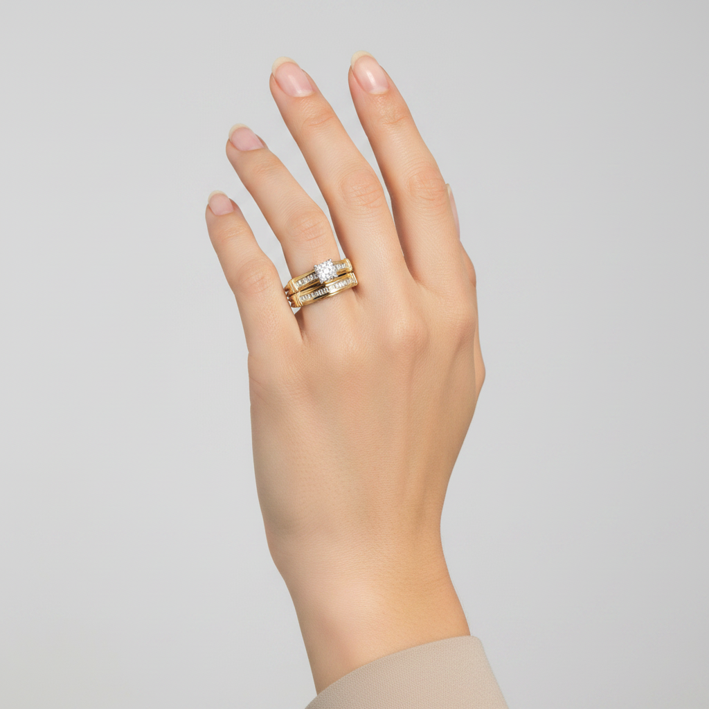 10K Yellow Gold Diamond Womens Engagement & Wedding Ring Set - 0.17ct