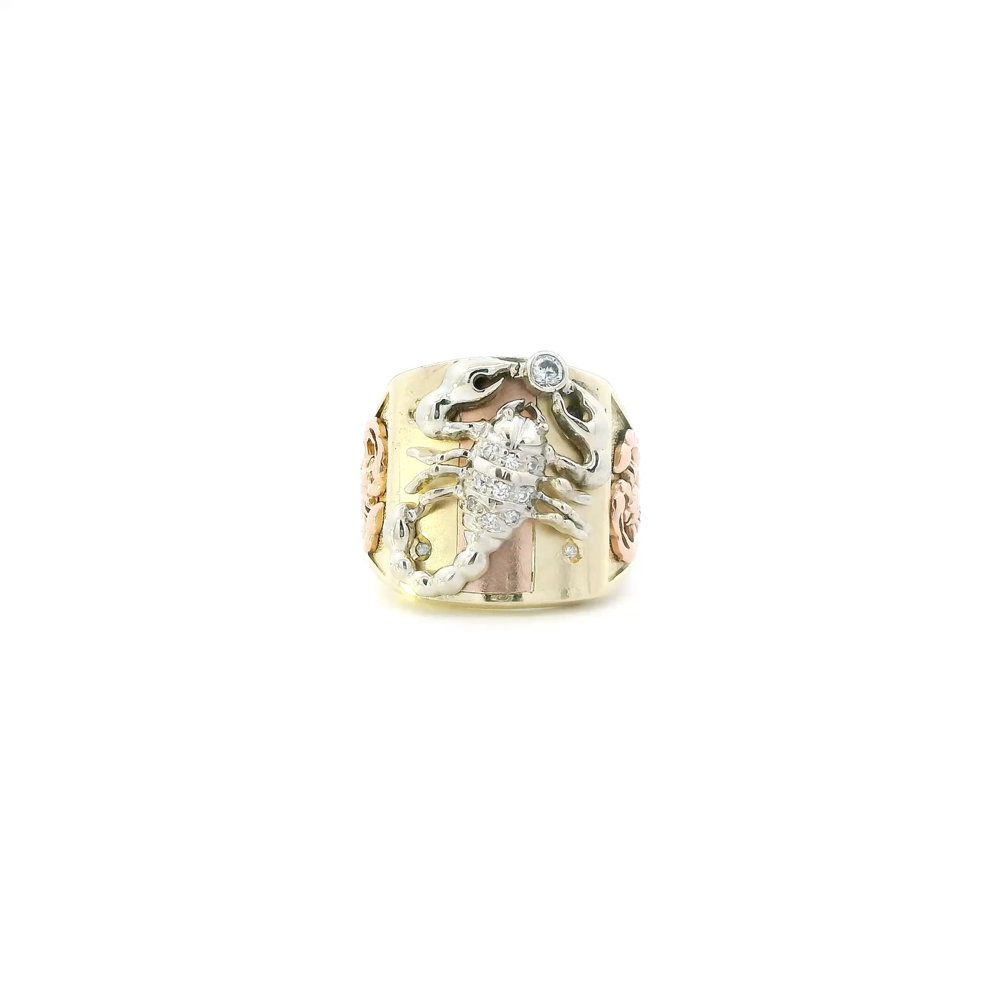 14K Tri Color Gold Square Scorpion Mens Ring
