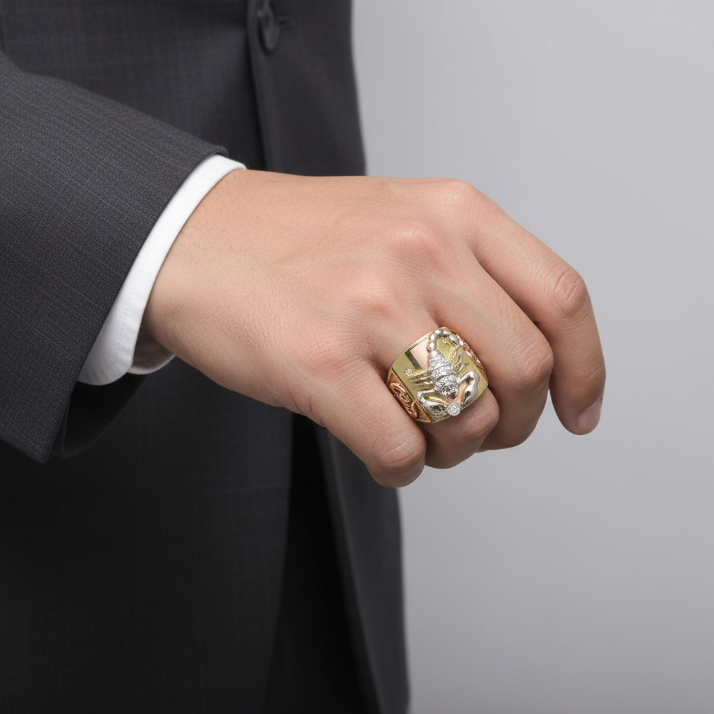14K Tri Color Gold Square Scorpion Mens Ring