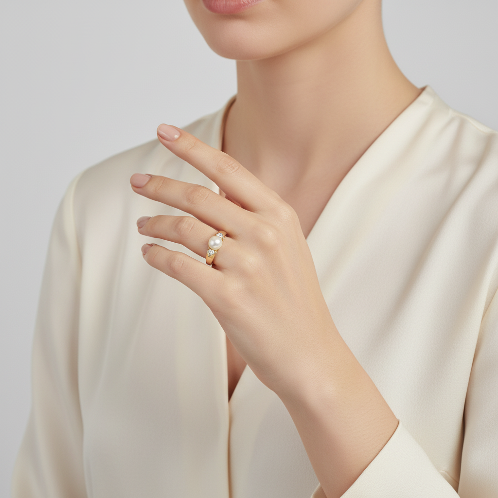14K Yellow Gold Diamonds & Pearl Womens Ring - 0.09ct