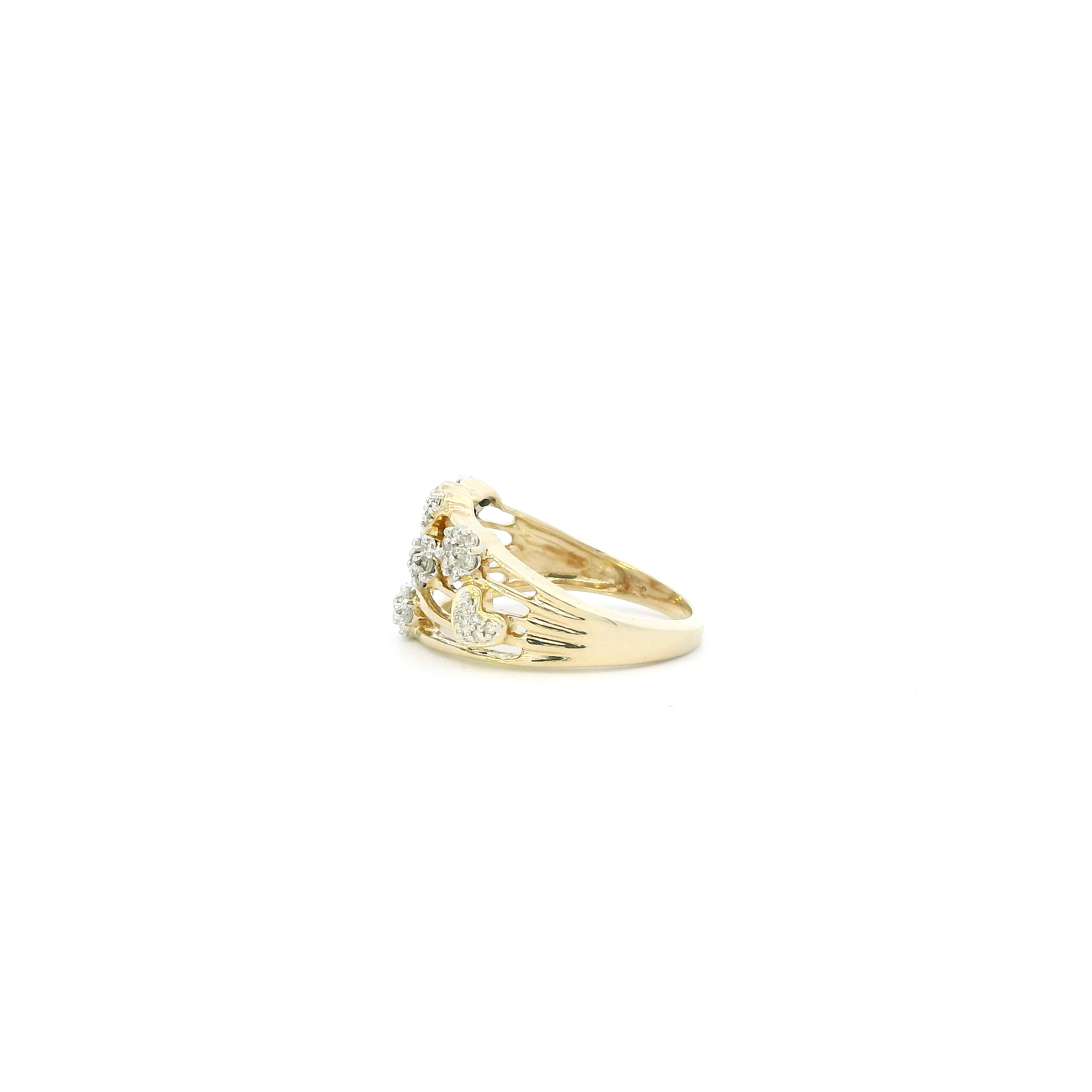 14K Yellow Gold Diamond Flowers & Hearts Womens Ring - 0.23ct