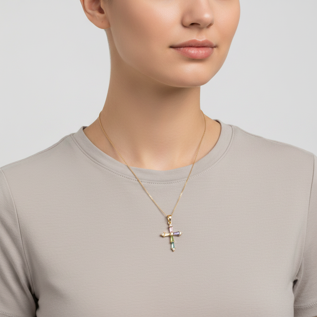 14K Yellow Gold Pink, Purple, Blue, Yellow, Orange Cz Cross