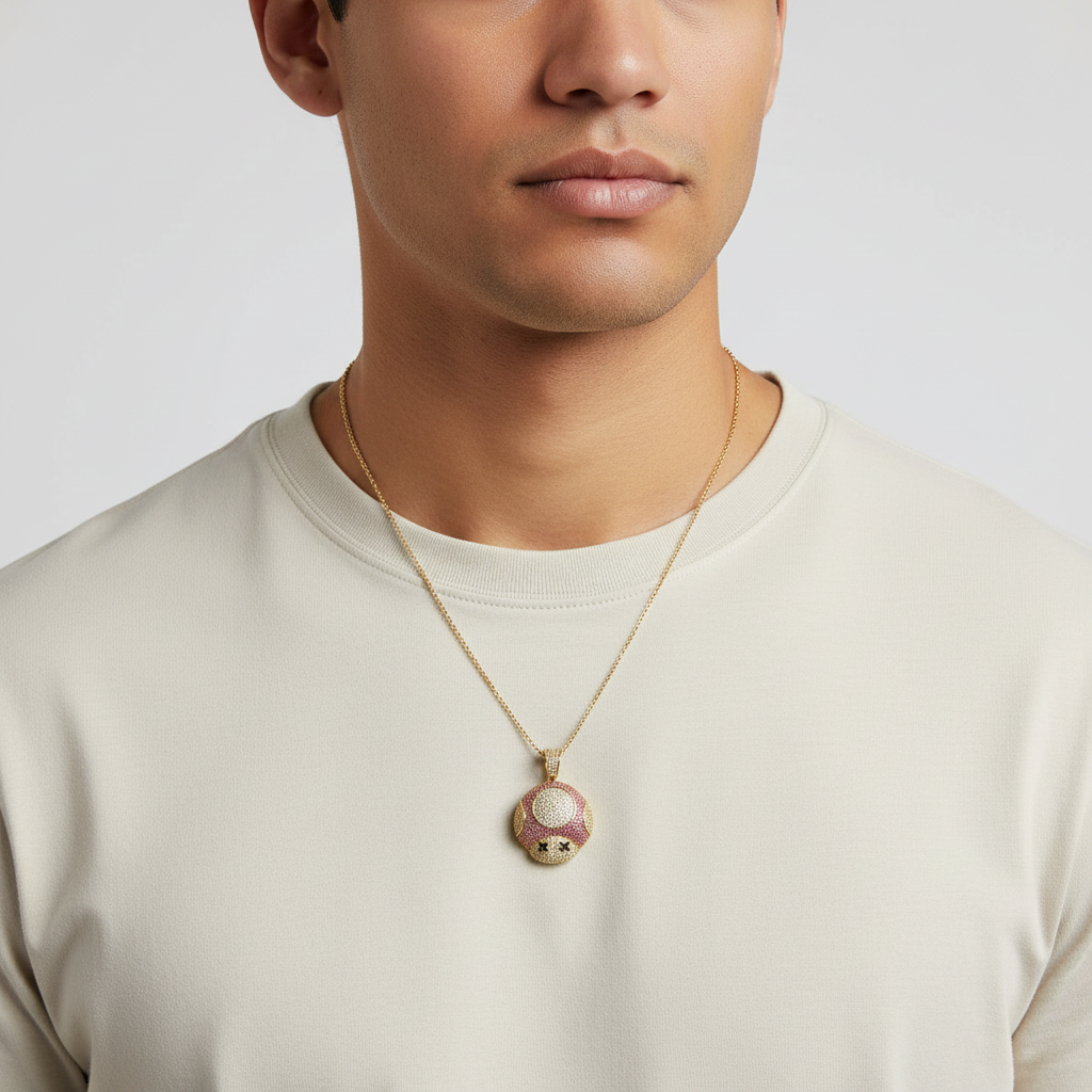10K Yellow Gold Cz Red Mushroom Face Pendant