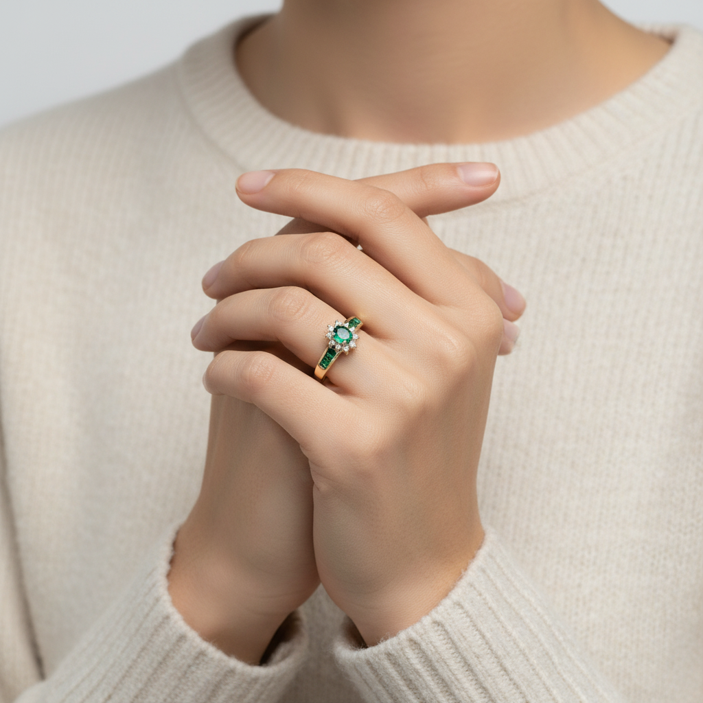 14K Yellow Gold Emerald & Diamond Womens Ring - 0.15ct
