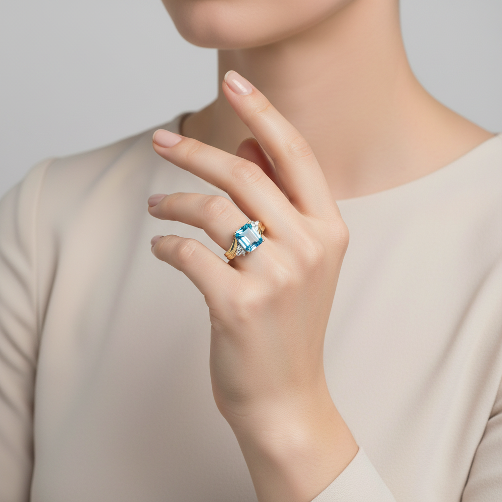 14K Yellow Gold Blue Topaz & Diamond Womens Ring - 0.09ct