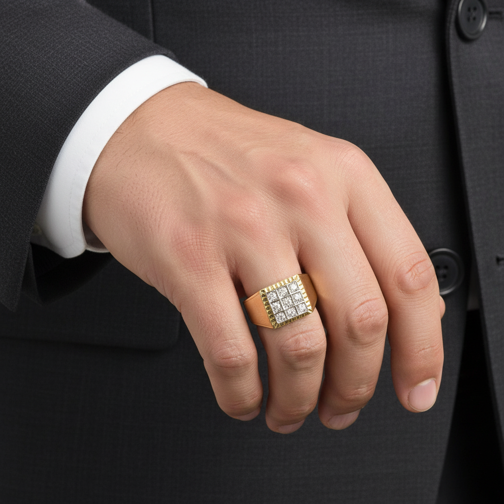 14K Yellow Gold Diamond Square Mens Ring - 0.41ct