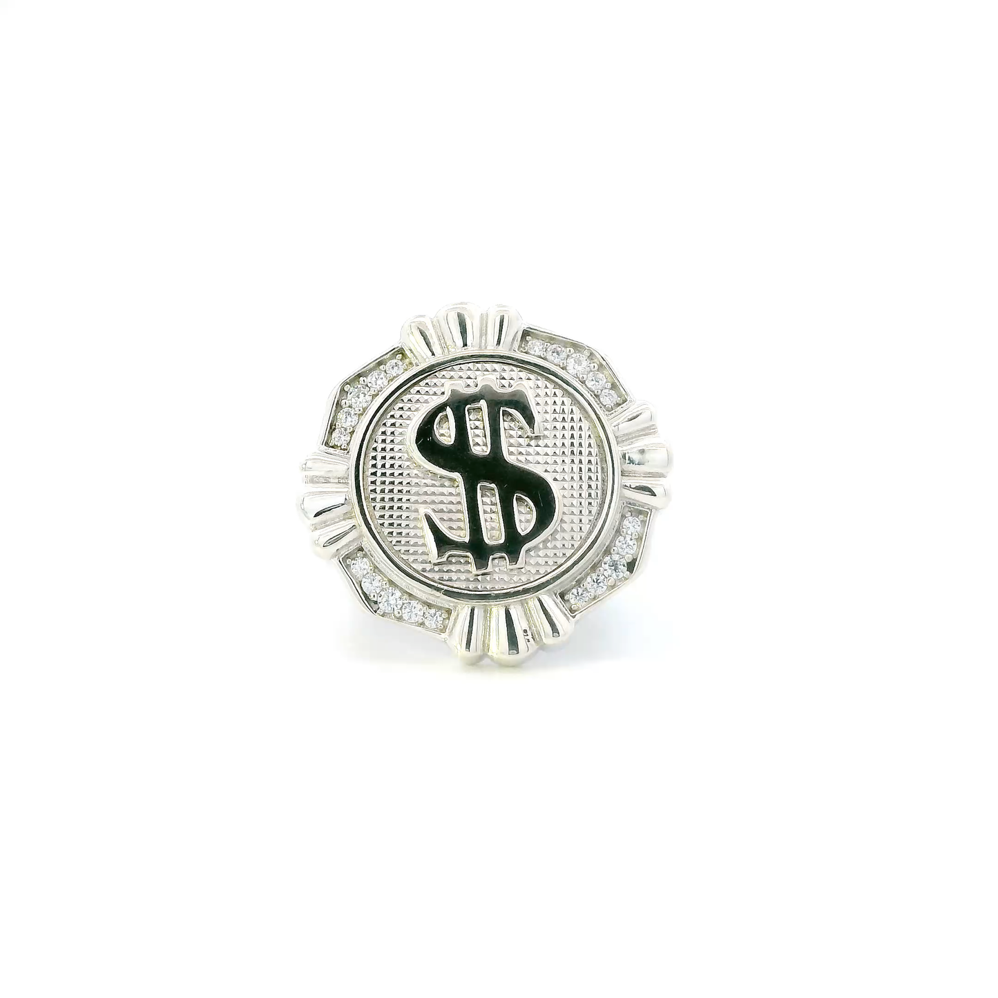 Sterling Silver Money Sign CZ Mens Ring