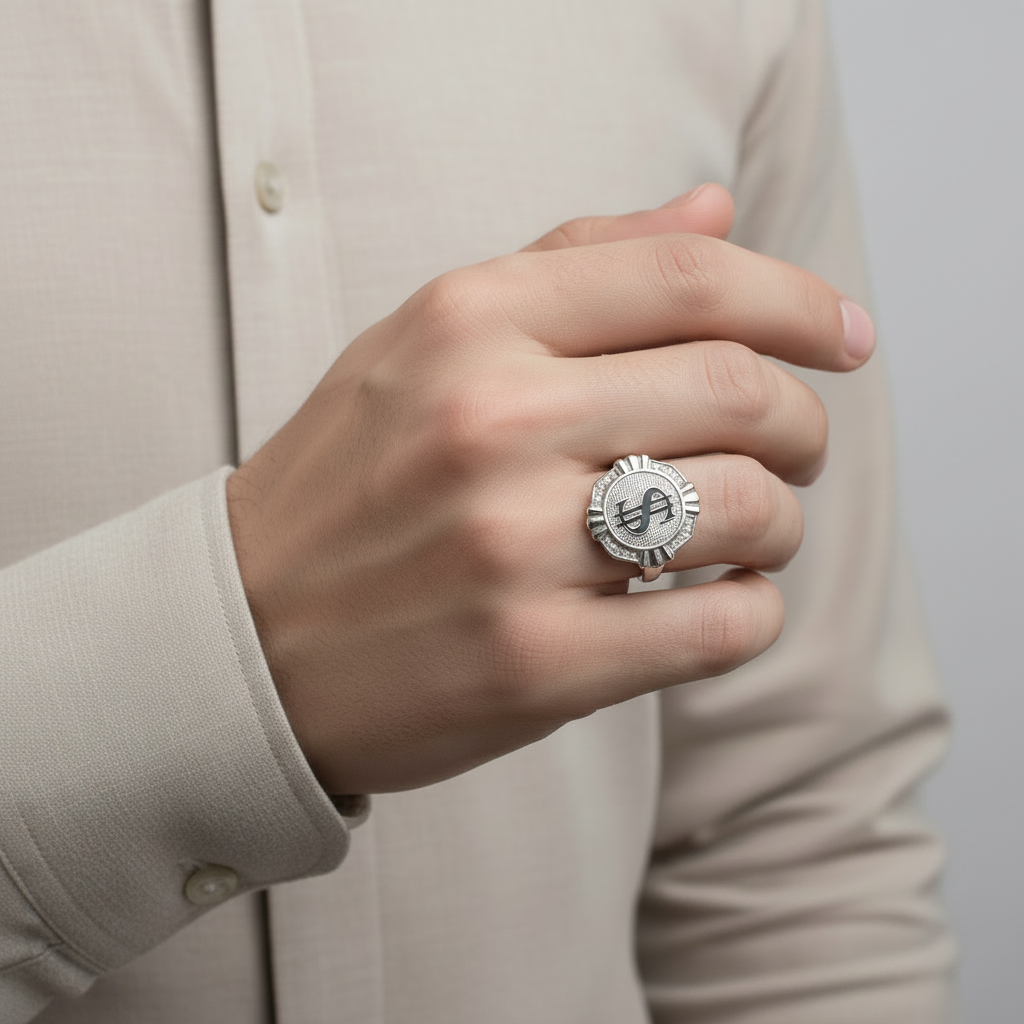 Sterling Silver Money Sign CZ Mens Ring
