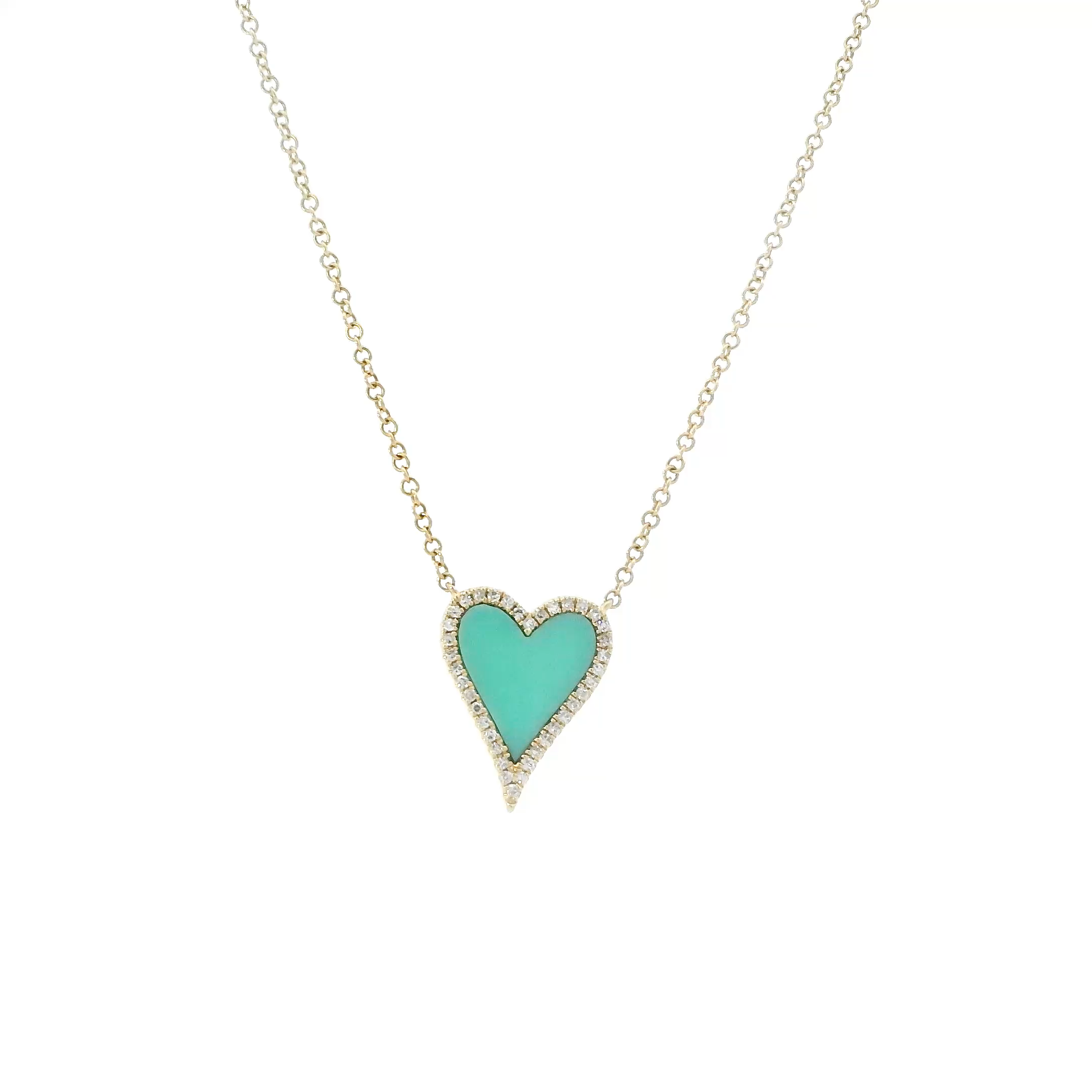 14K Yellow Gold Diamond Turquoise Heart Pendant & 14.75-18