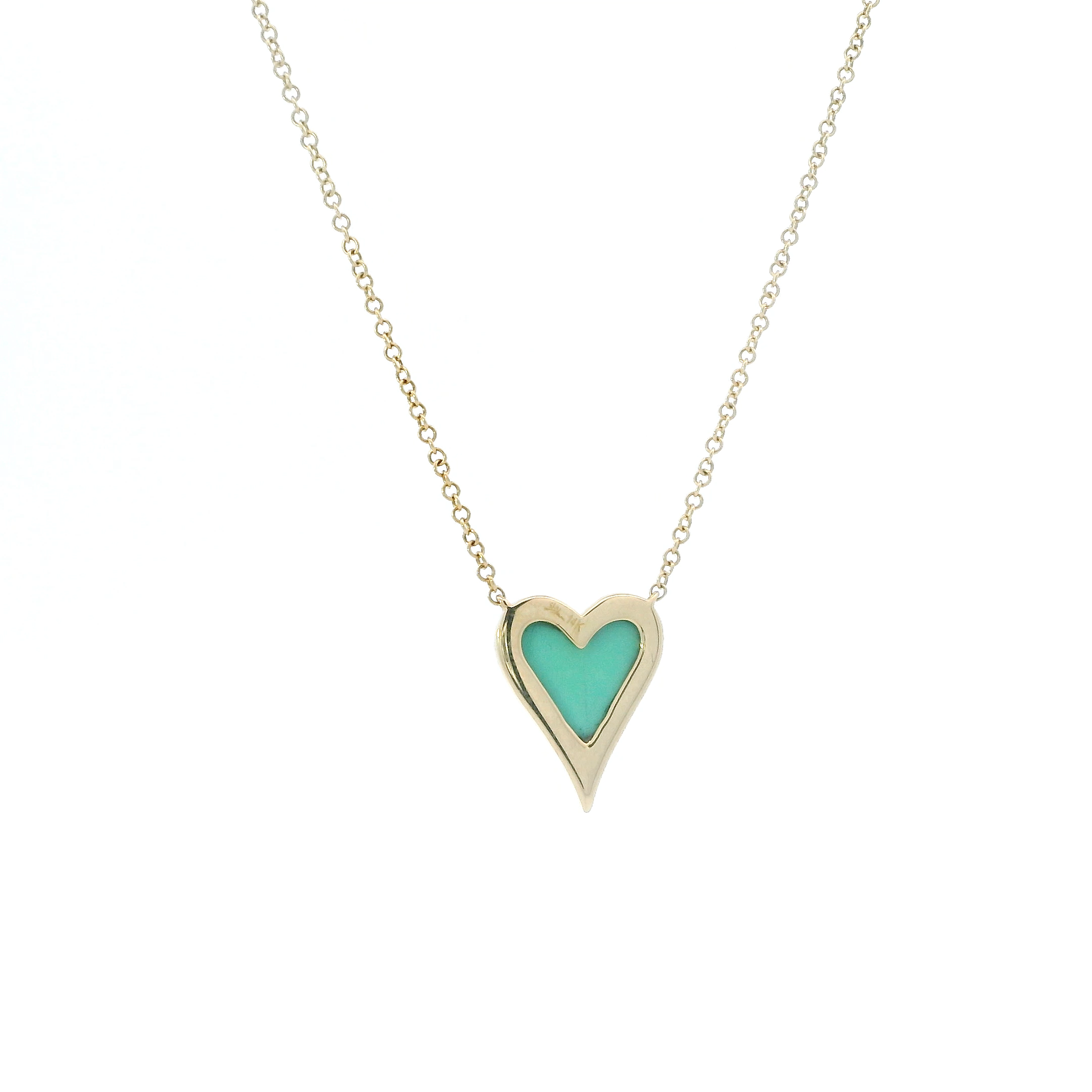 14K Yellow Gold Diamond Turquoise Heart Pendant & 14.75-18