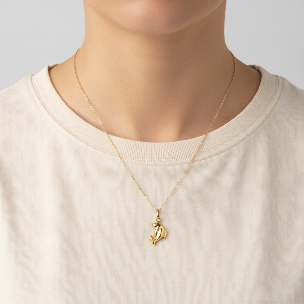 14K Yellow Gold Puff Dolphin Pendant