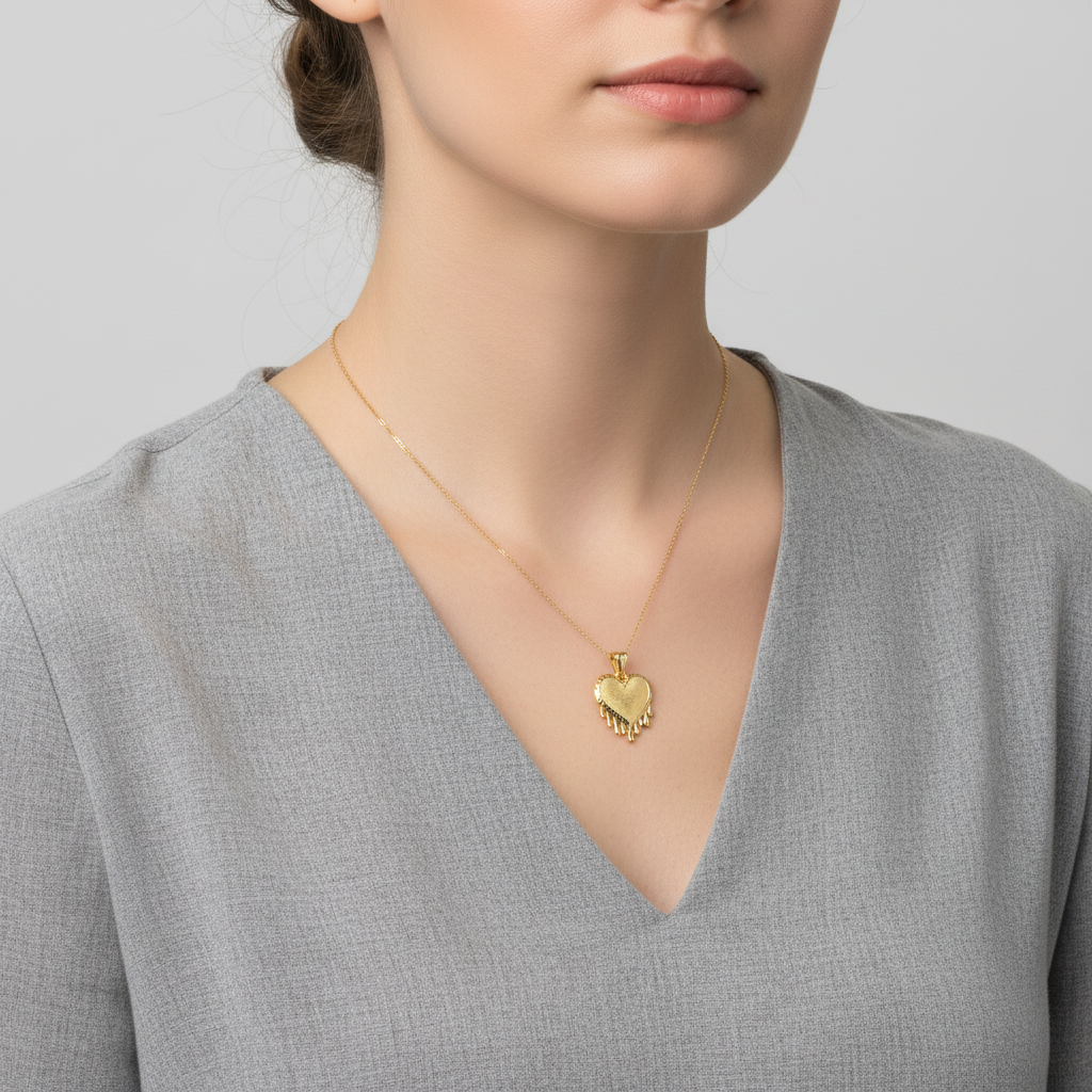 10K Yellow Gold Diamond Cut Dripping Heart Pendant
