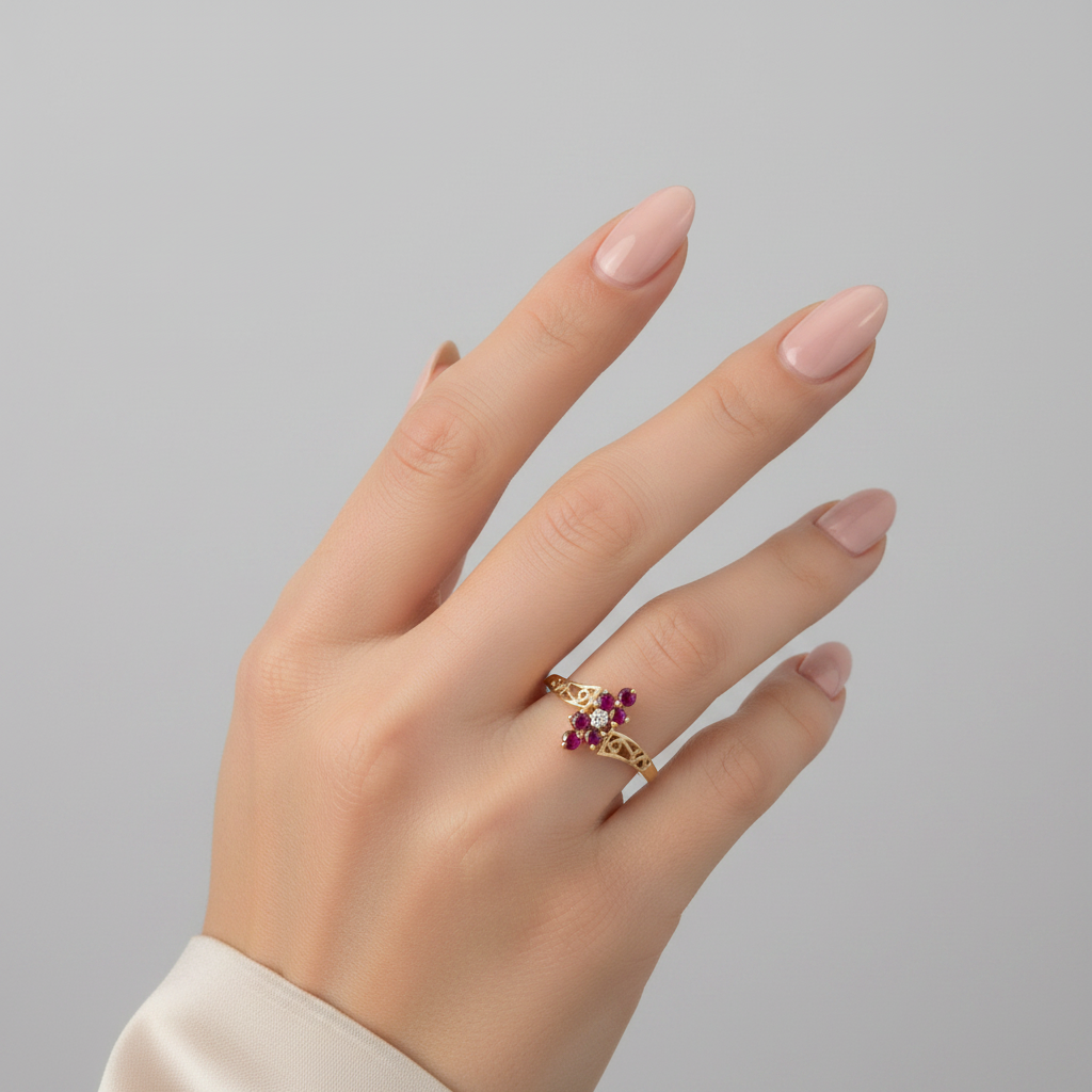 14K Yellow Gold Rubies & Diamond Womens Ring