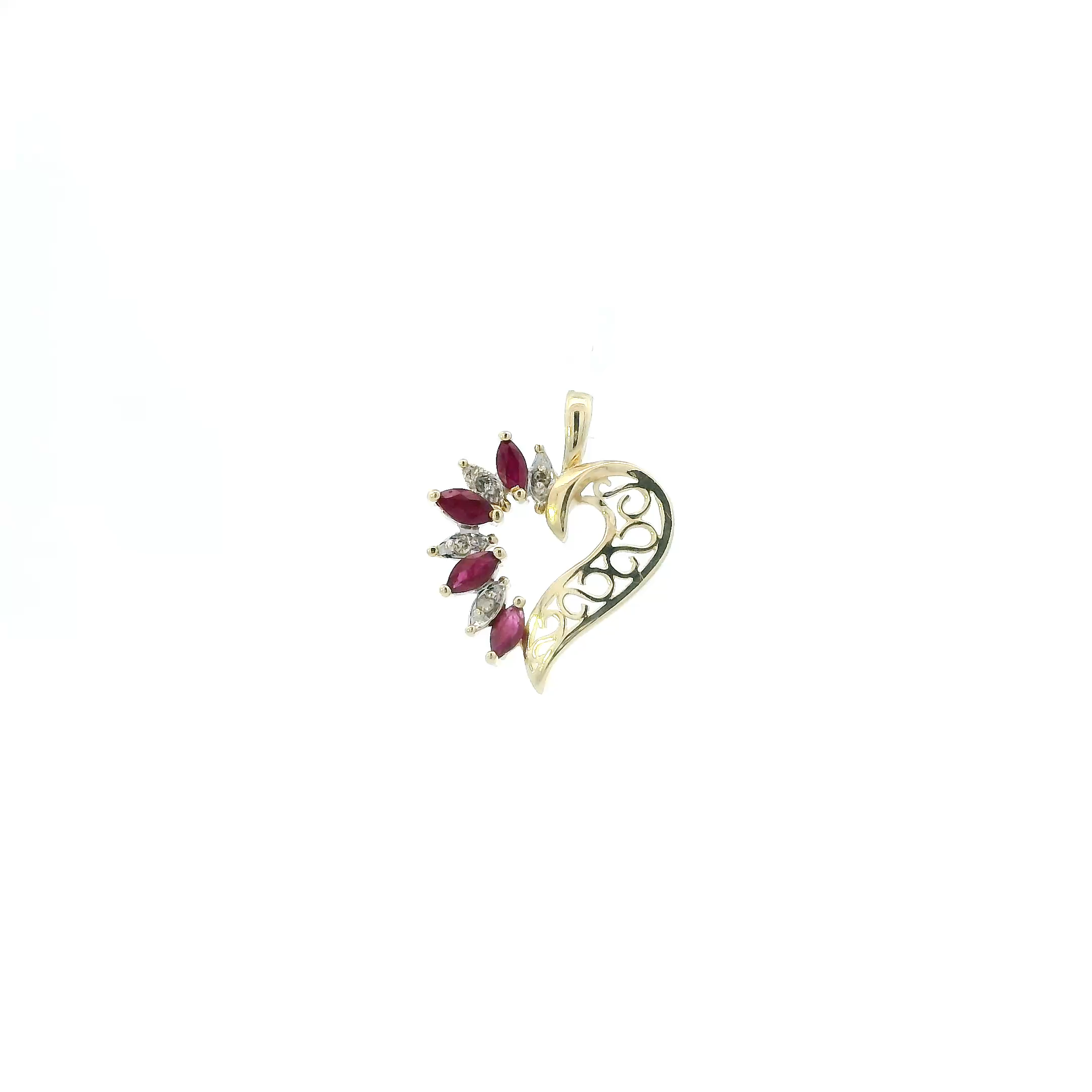 10K Yellow Gold Rubies & Diamond Heart Pendant - 0.02ct