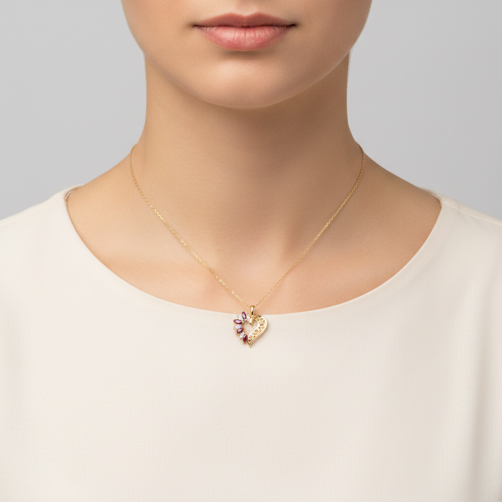 10K Yellow Gold Rubies & Diamond Heart Pendant - 0.02ct