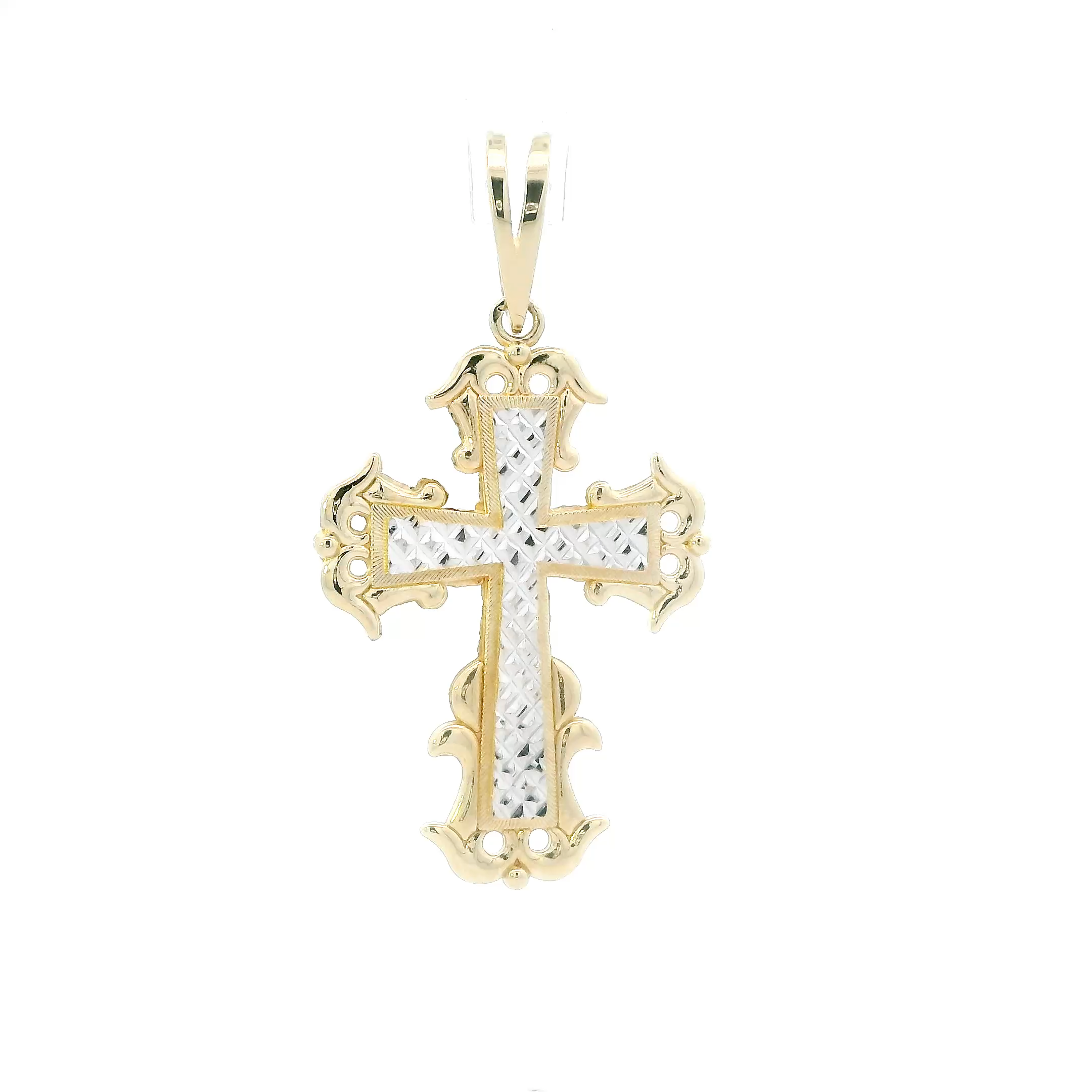 14K Yellow & White Gold Diamond Cut Cross Pendant