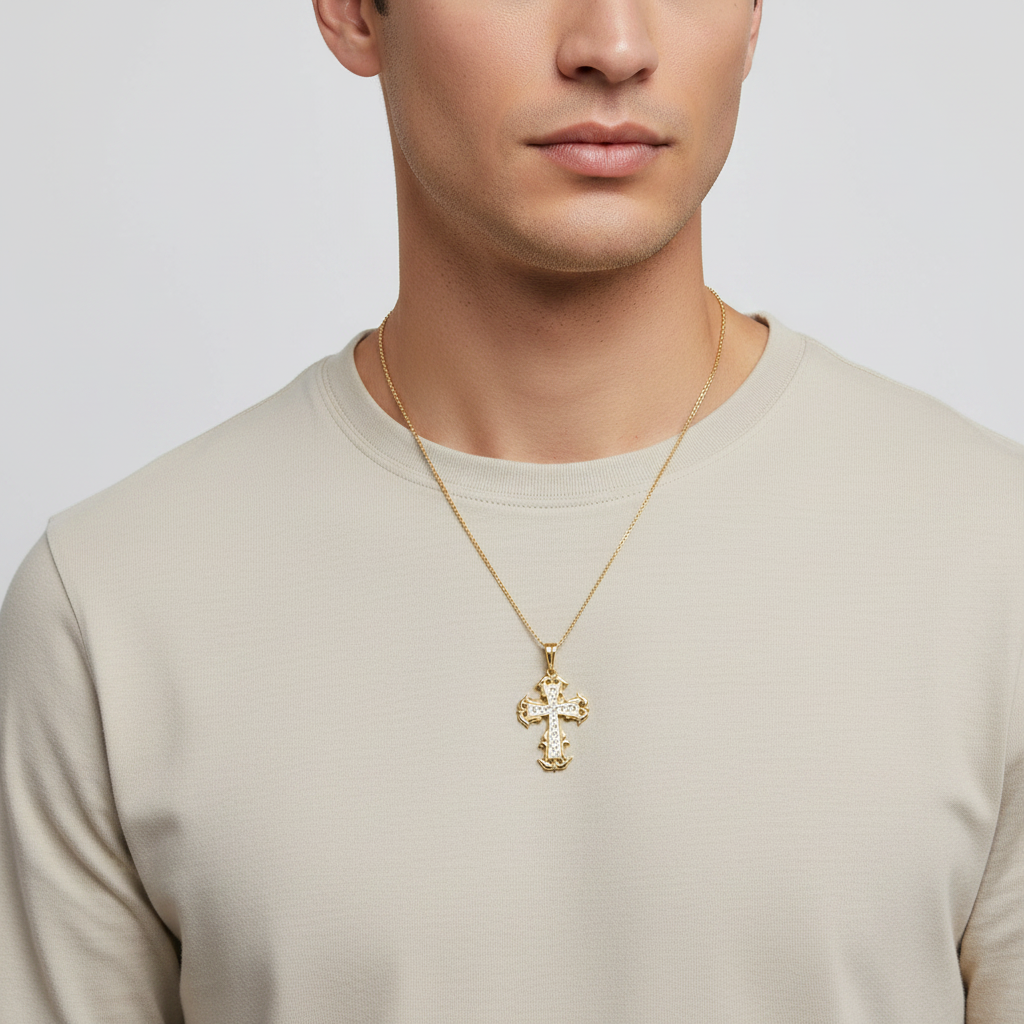 14K Yellow & White Gold Diamond Cut Cross Pendant