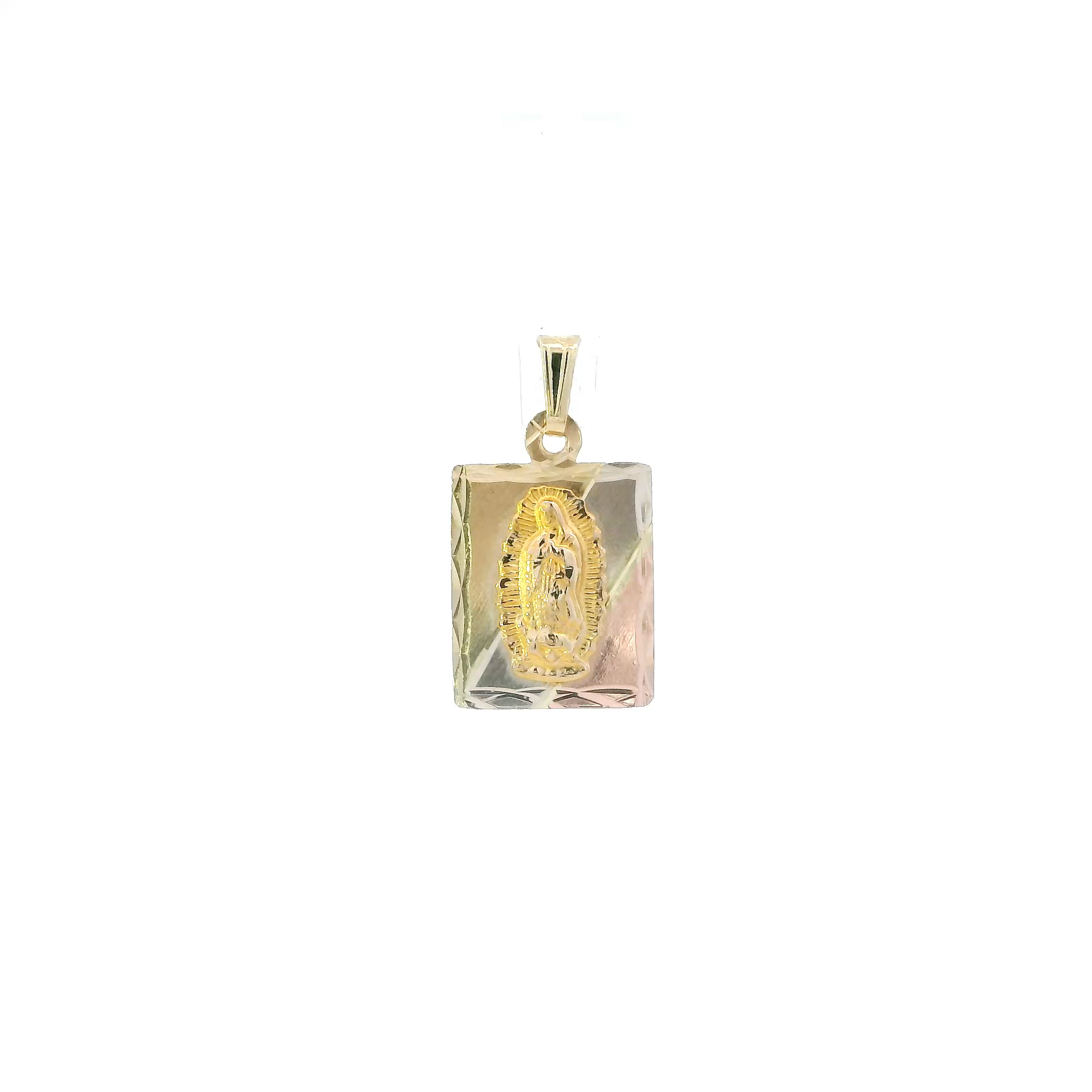14k Tri Color Gold Diamond Cut Rectangle Religious Pendant