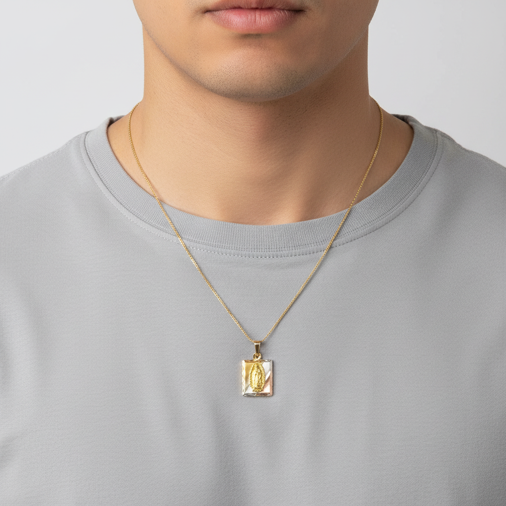 14k Tri Color Gold Diamond Cut Rectangle Religious Pendant