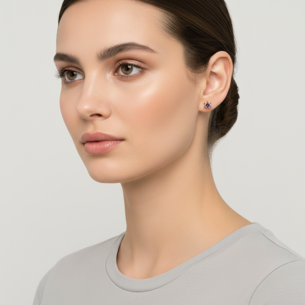 14K Yellow Gold Purple Sapphire Stud Earrings