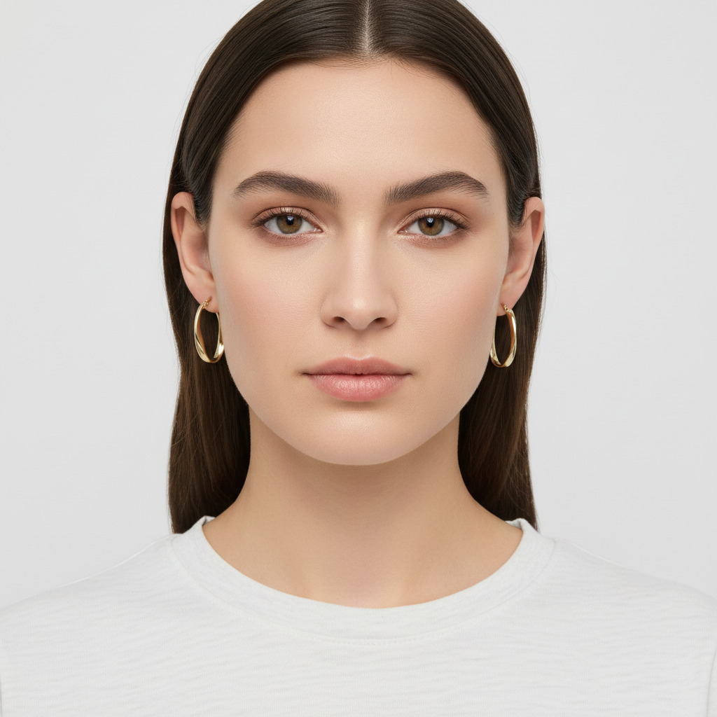 14K Yellow Gold Oval Wavy Hoop Earrings