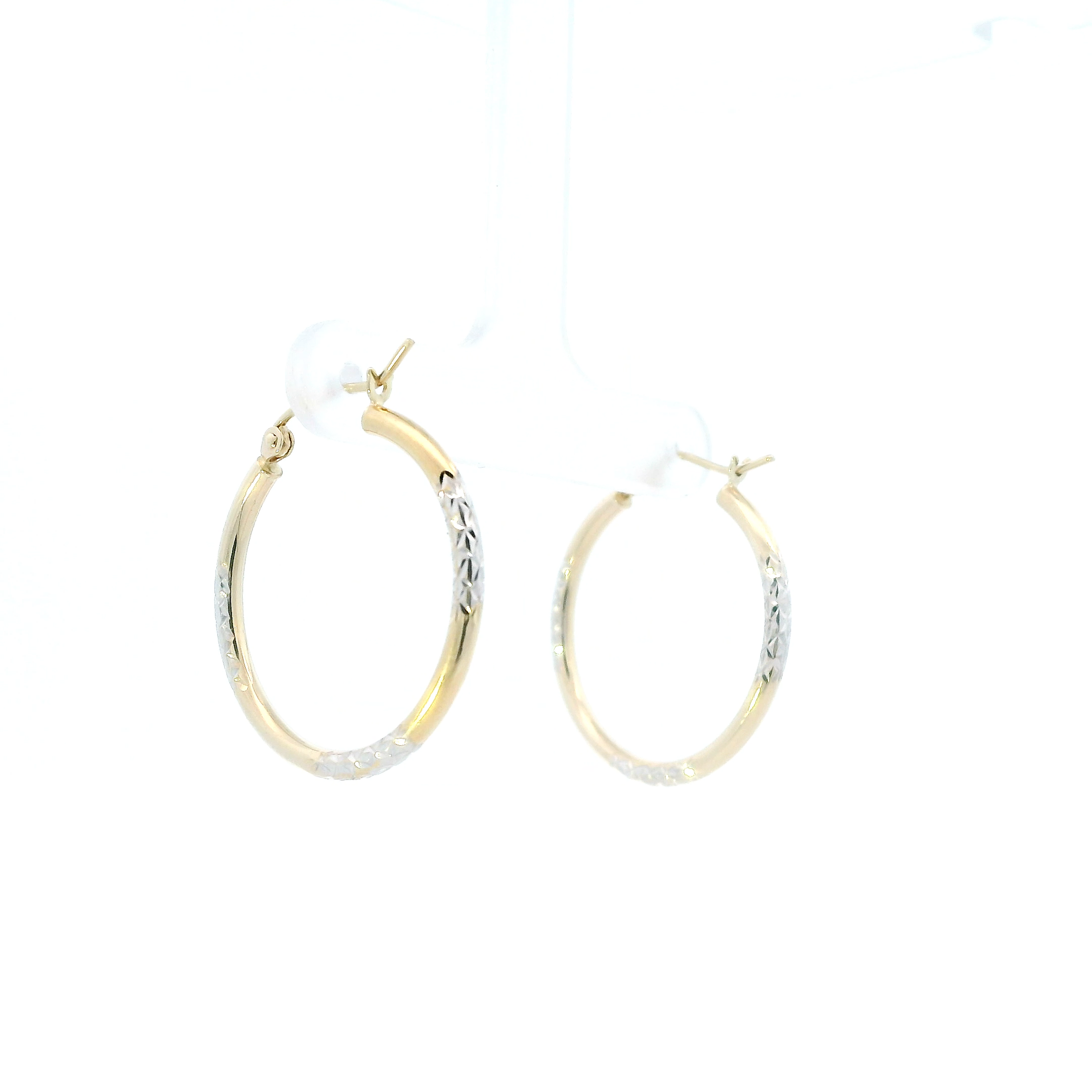 14K White & Yellow Diamond Cut Tube Hoop Earrings