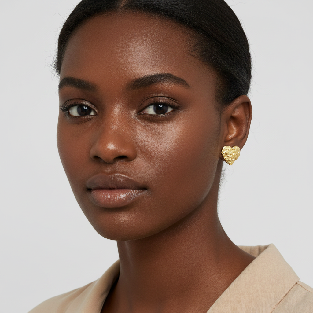 10K Yellow Gold Nugget Heart Stud Earrings