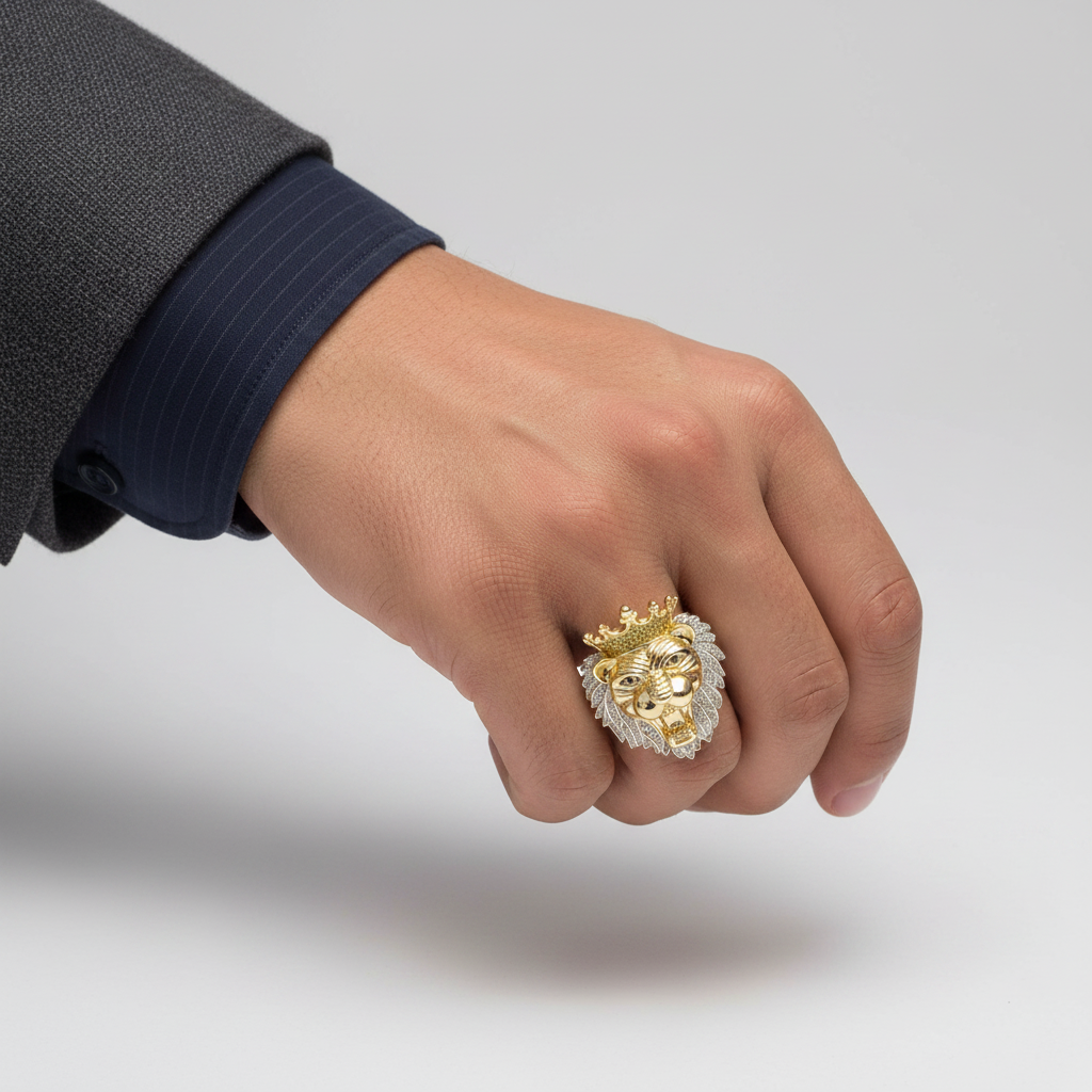 10K Yellow Gold Diamond Lion Mens Ring - 0.26ct