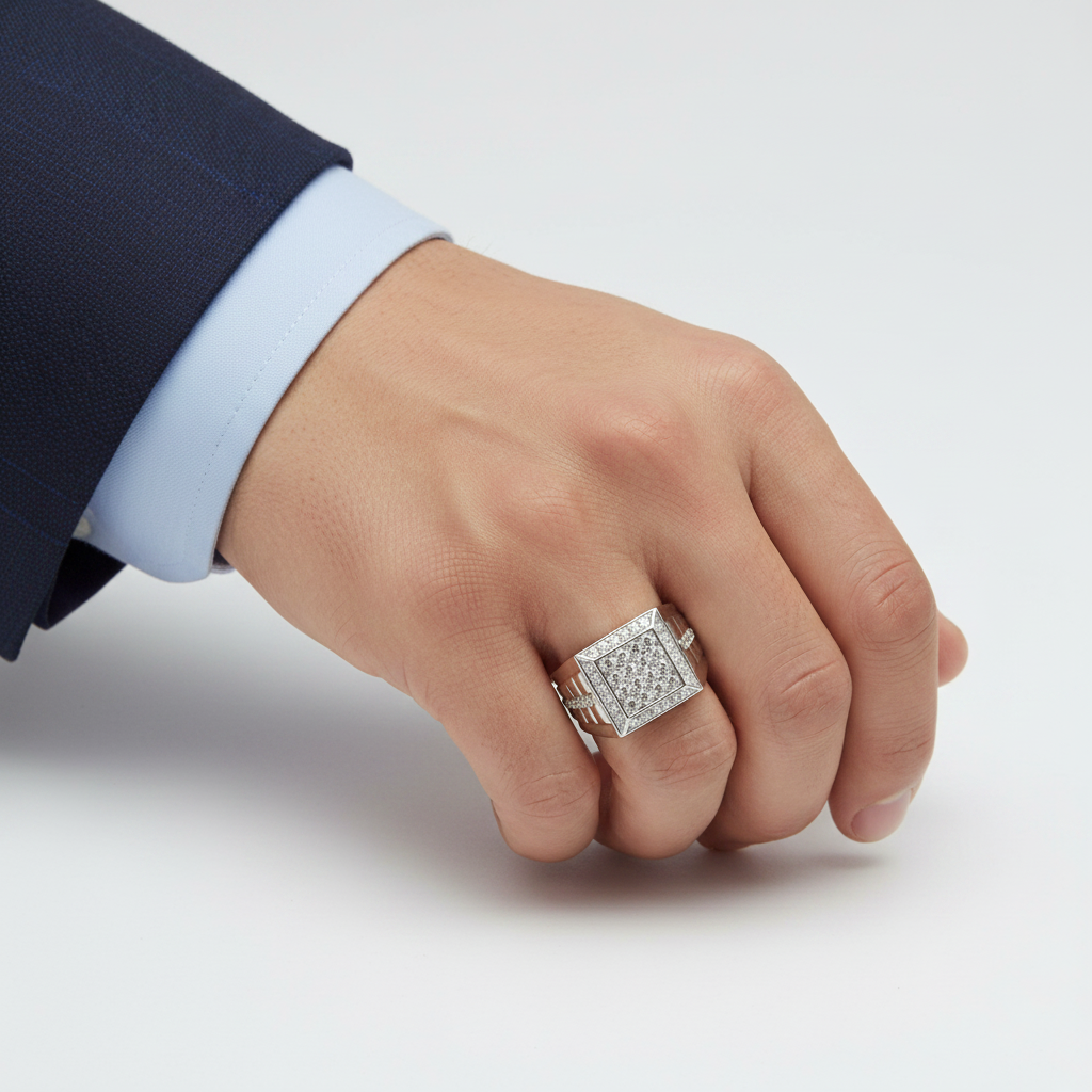 10K White Gold Rolex Diamond Mens Ring - 0.99ct