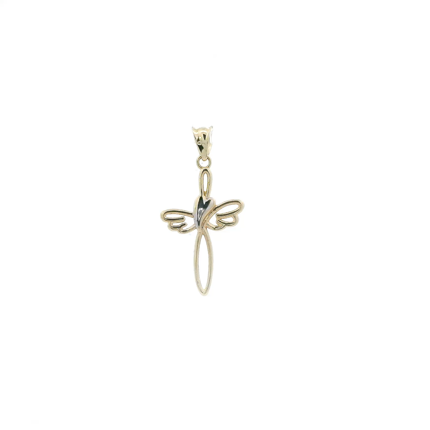 14K Yellow & White Gold Heart & Wings Cross Pendant