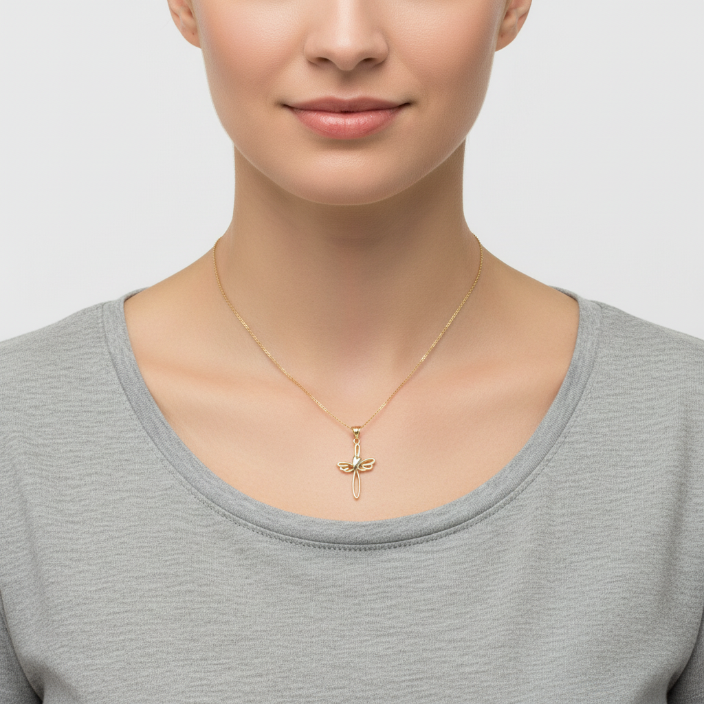 14K Yellow & White Gold Heart & Wings Cross Pendant
