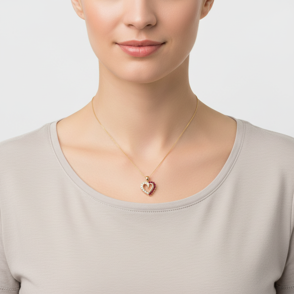 14K Yellow Gold Diamond & Ruby Heart Pendant - 0.18ct