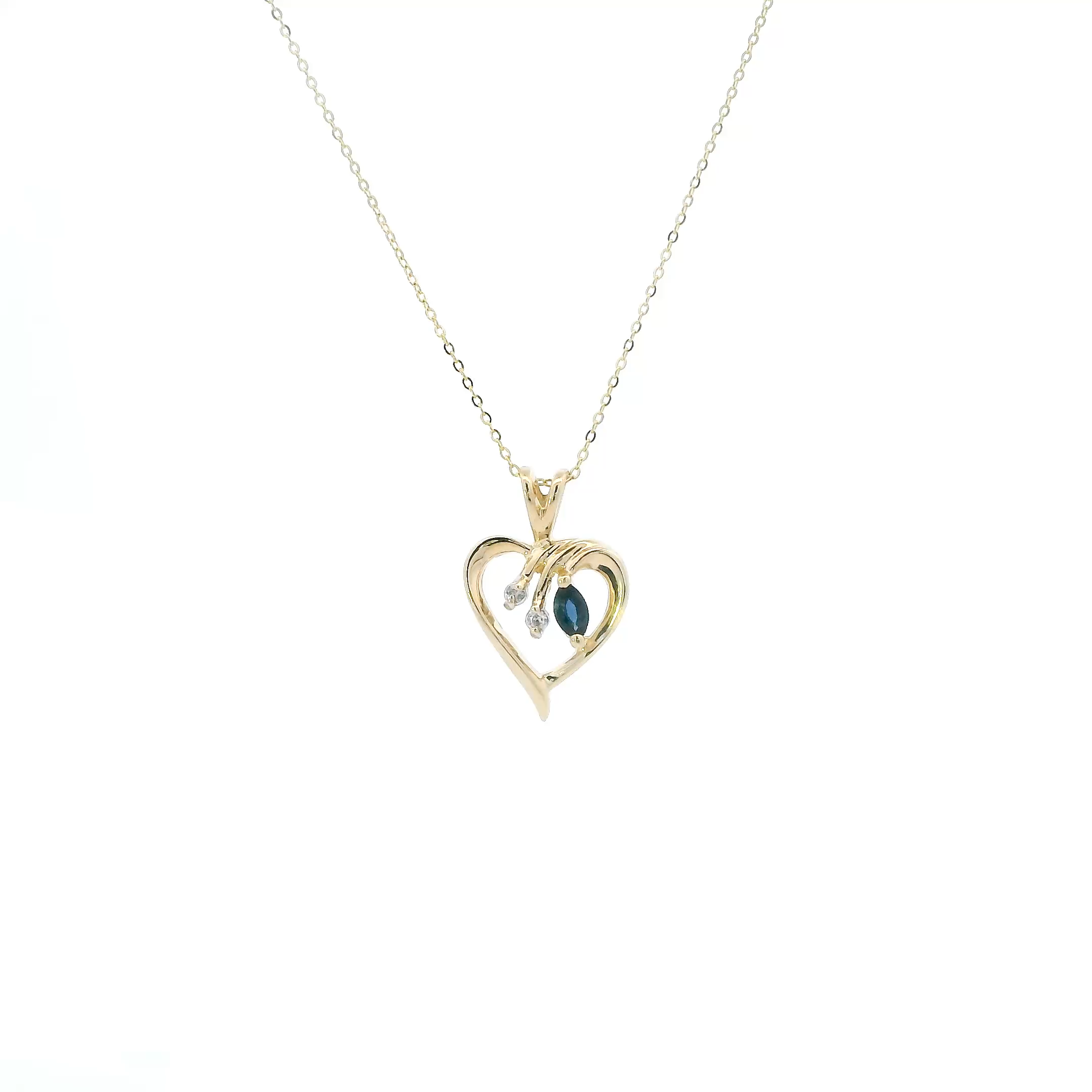 14K Yellow Gold Sapphire & Diamond Heart Pendant & 20