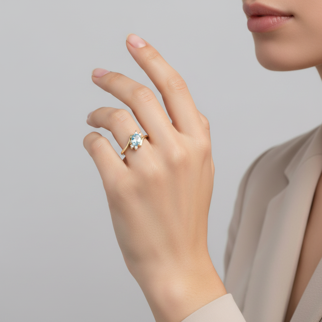 14K Yellow Gold Blue Topaz Womens Ring