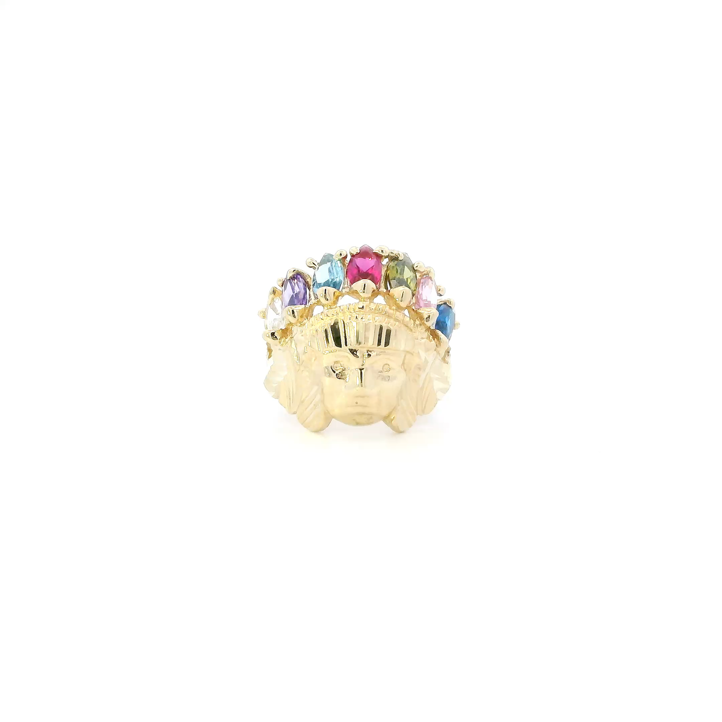 10K Yellow Gold Multi Color CZ Native American Head Ring