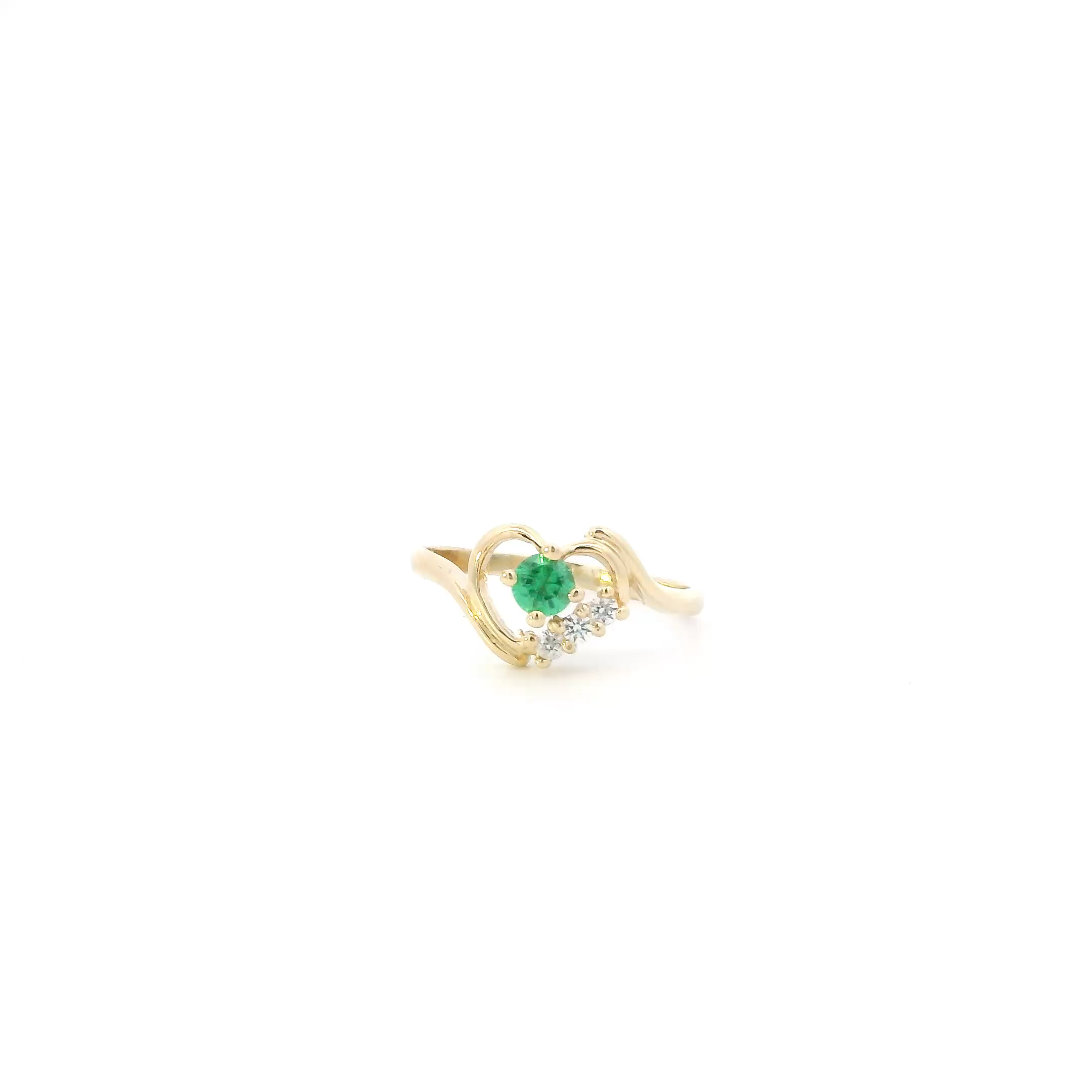 14K Yellow Gold Synthetic Emerald & Cz Heart Womens Ring