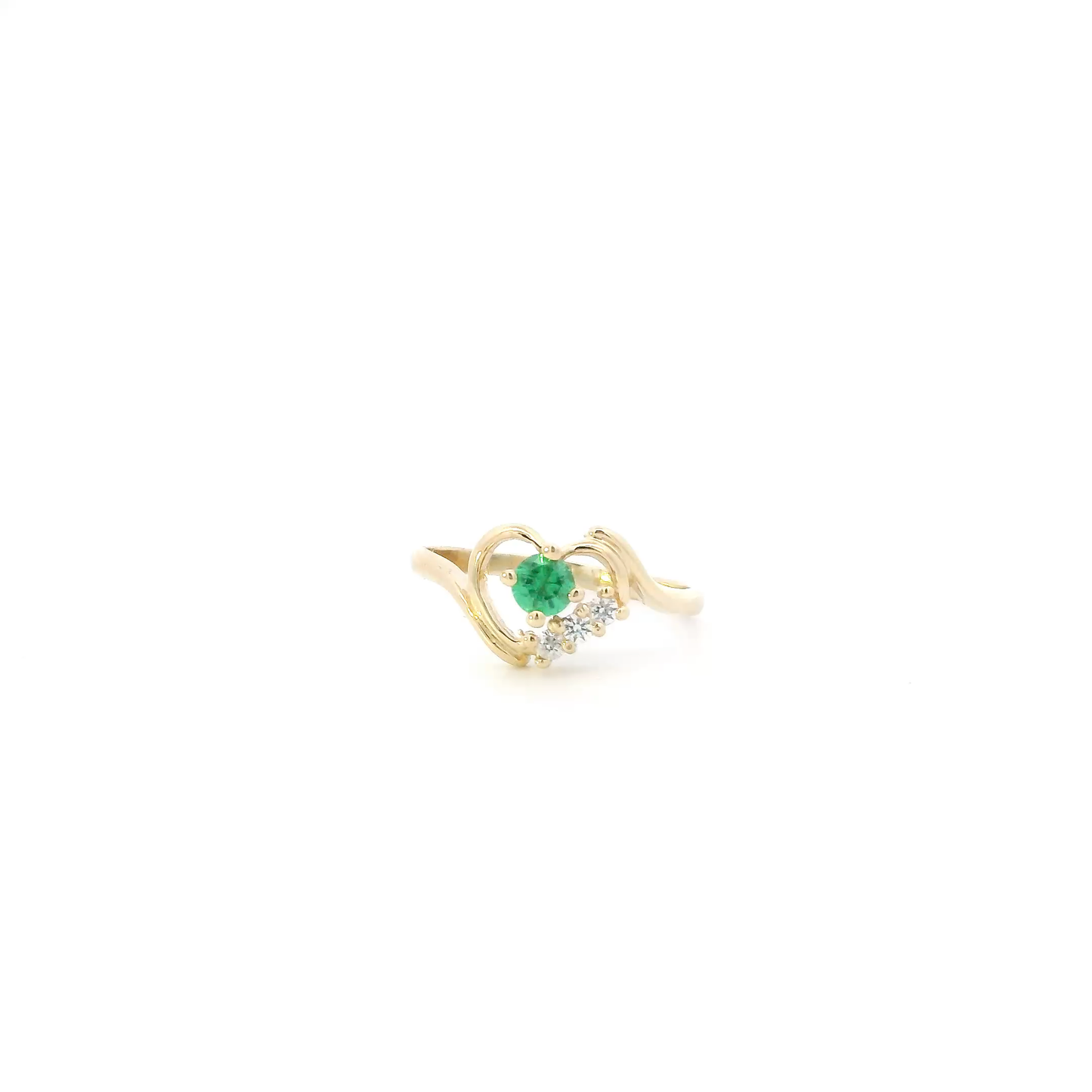 14K Yellow Gold Synthetic Emerald & Cz Heart Womens Ring
