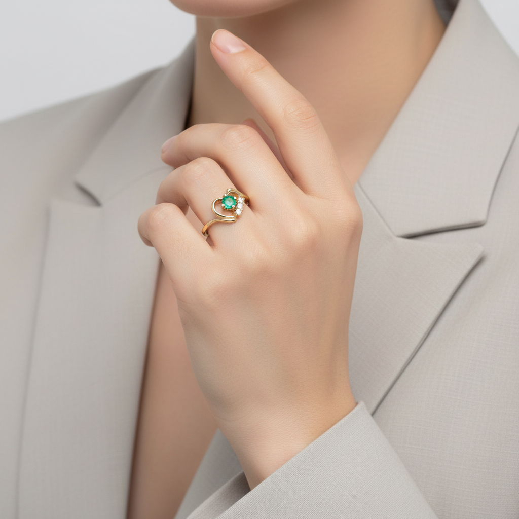 14K Yellow Gold Synthetic Emerald & Cz Heart Womens Ring