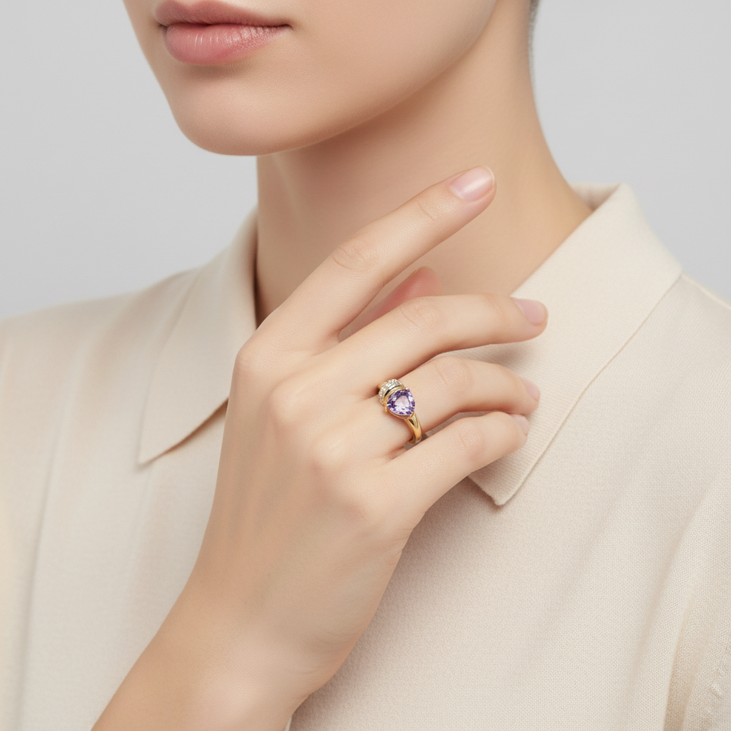10K Yellow Gold Amethyst & Diamond Womens Ring