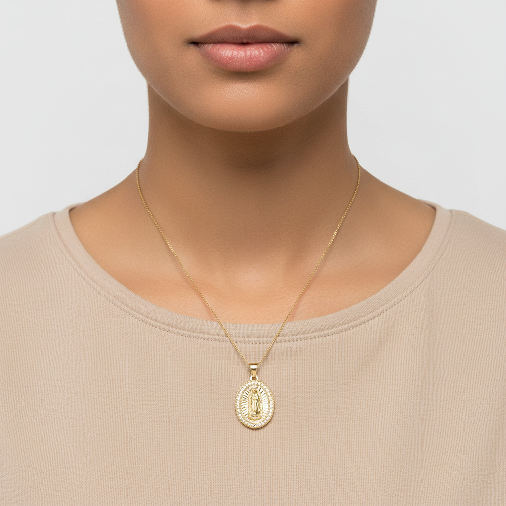14K Yellow & Rose Gold Oval Virgin Mary Pendant